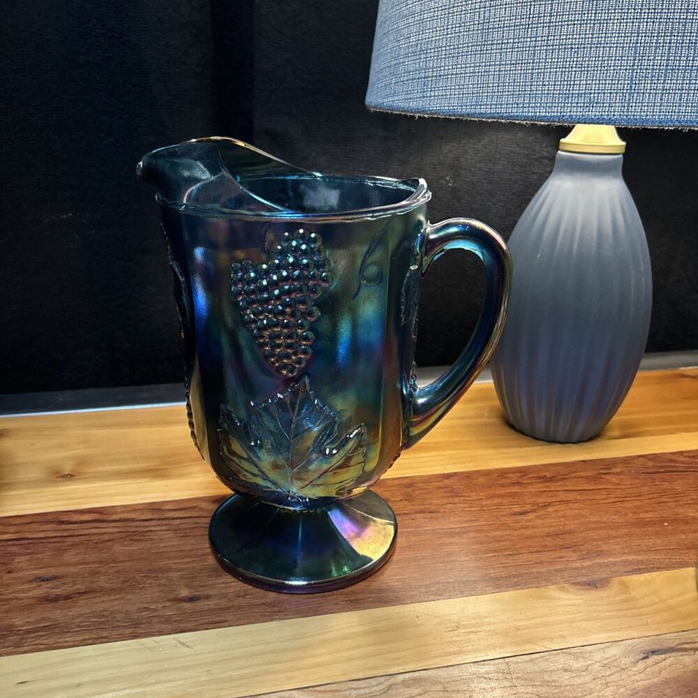 Indiana Glass Co Carnival iridescent Blue PITCHER Harvest Grape VTG MINT 70's
